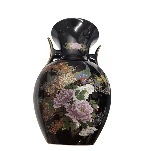 Vintage Black Ceramic Vase With Floral & Peacock Motif Gold Accents Decorative D - Picture 9 of 16